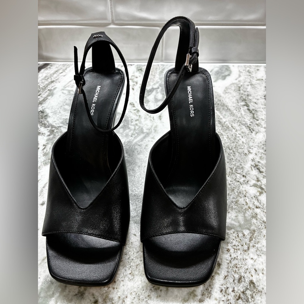Michael Kors Black Leather Square-Toe Slingback Heels